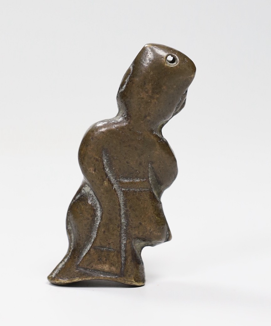 Chinese white jade carving of a monkey and elephant, with wooden stand - 8cms wide and a Chinese bronze figure